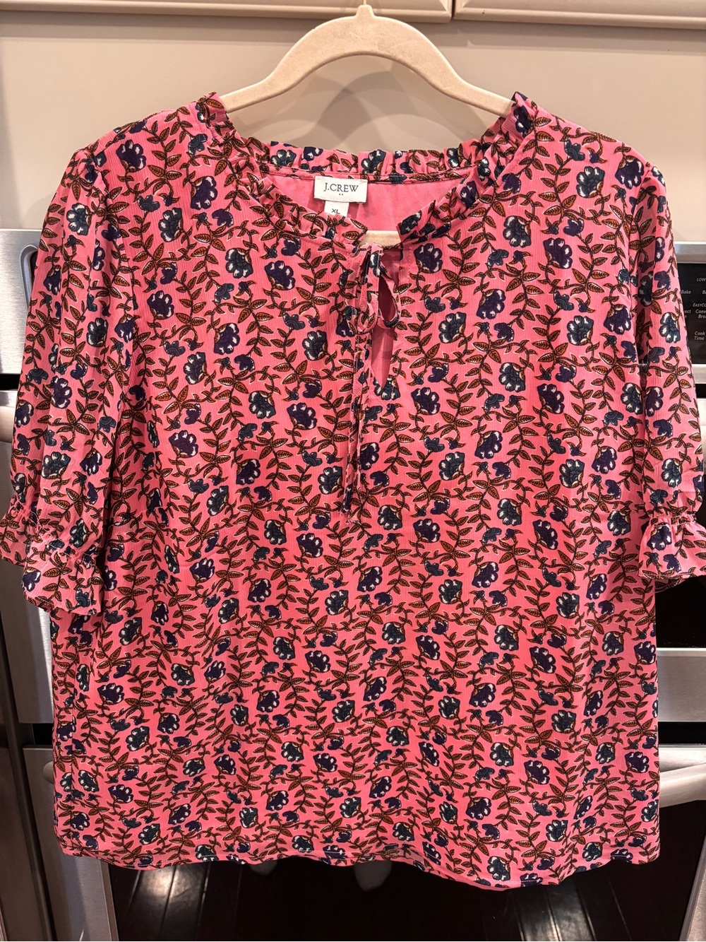 J. Crew Factory XL Pink Block Print Floral Tie-Neck Women's Top Blouse